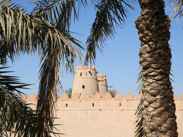 Date palms beside a historic Emirati fort